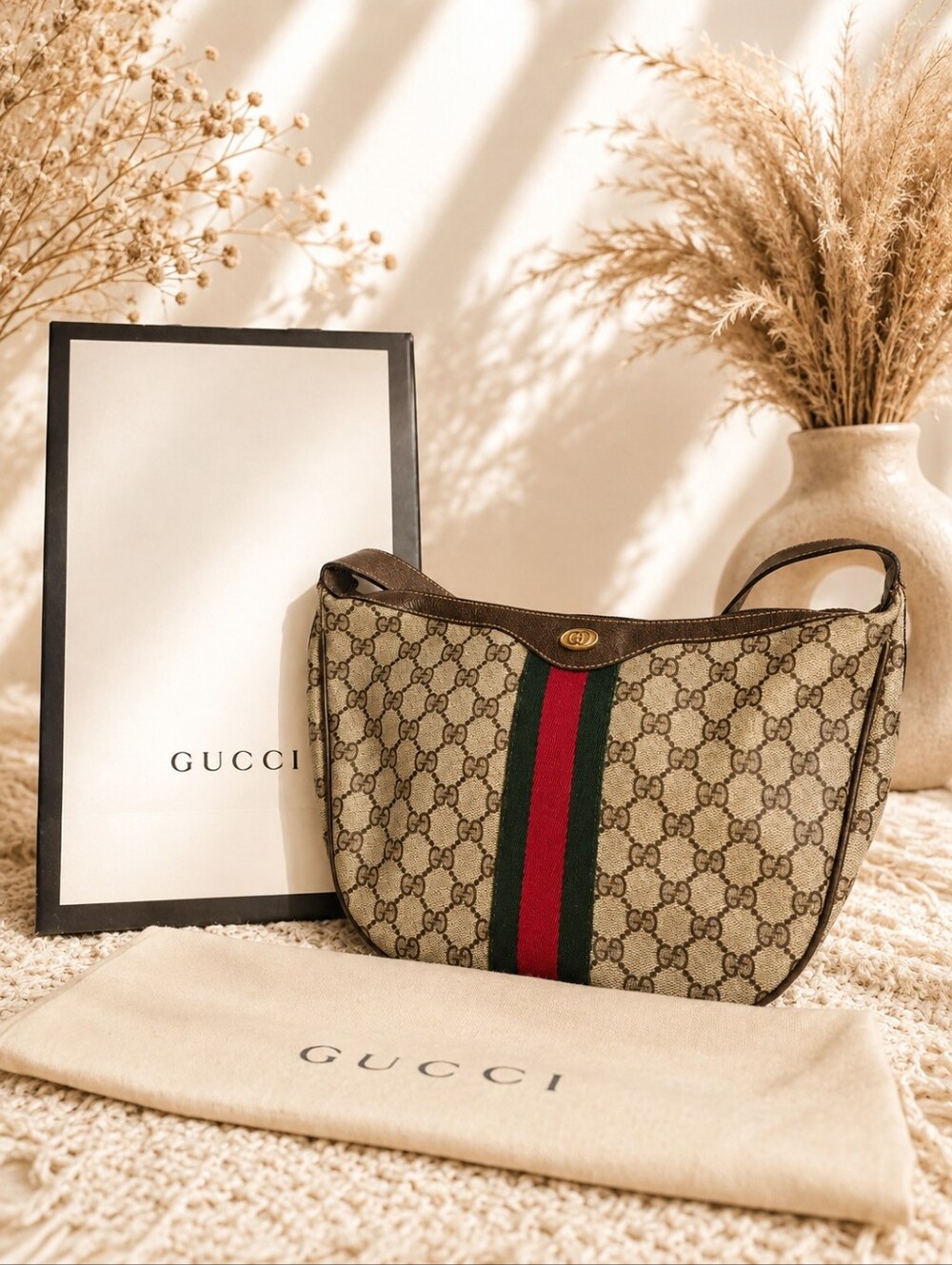 Gucci Sherry Line GG Supreme PVC Leather Brown Shoulder Bag With Dustbag